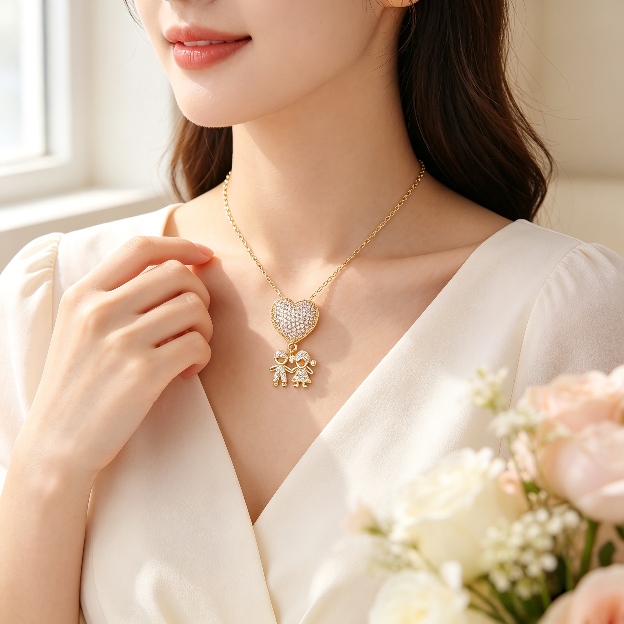 Women's Full-Heart Holding Hands Figurine Necklace